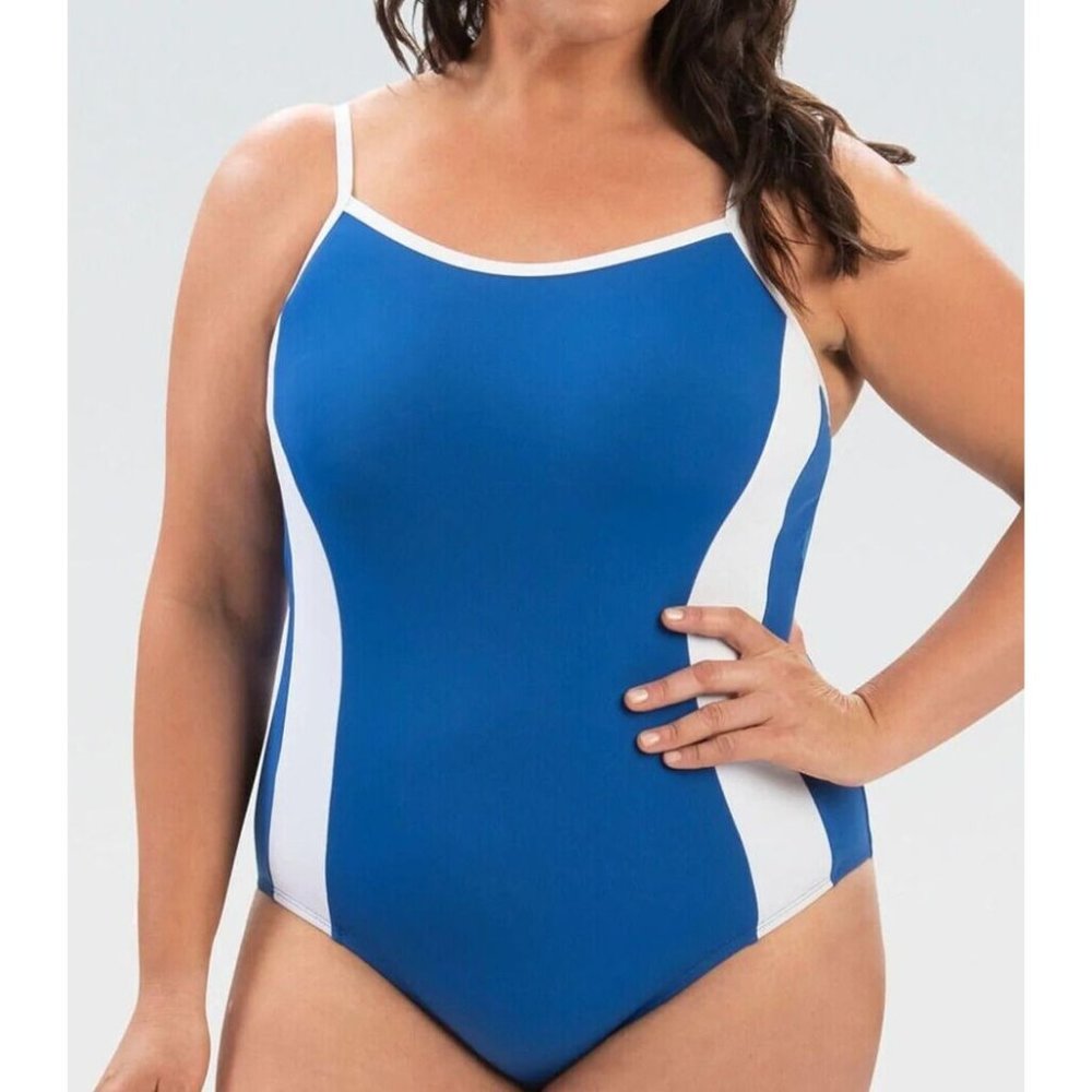 NEW Dolfin Aquashape Womens Blue Plus Size 16 Lap Suit One Piece Swimsuit white